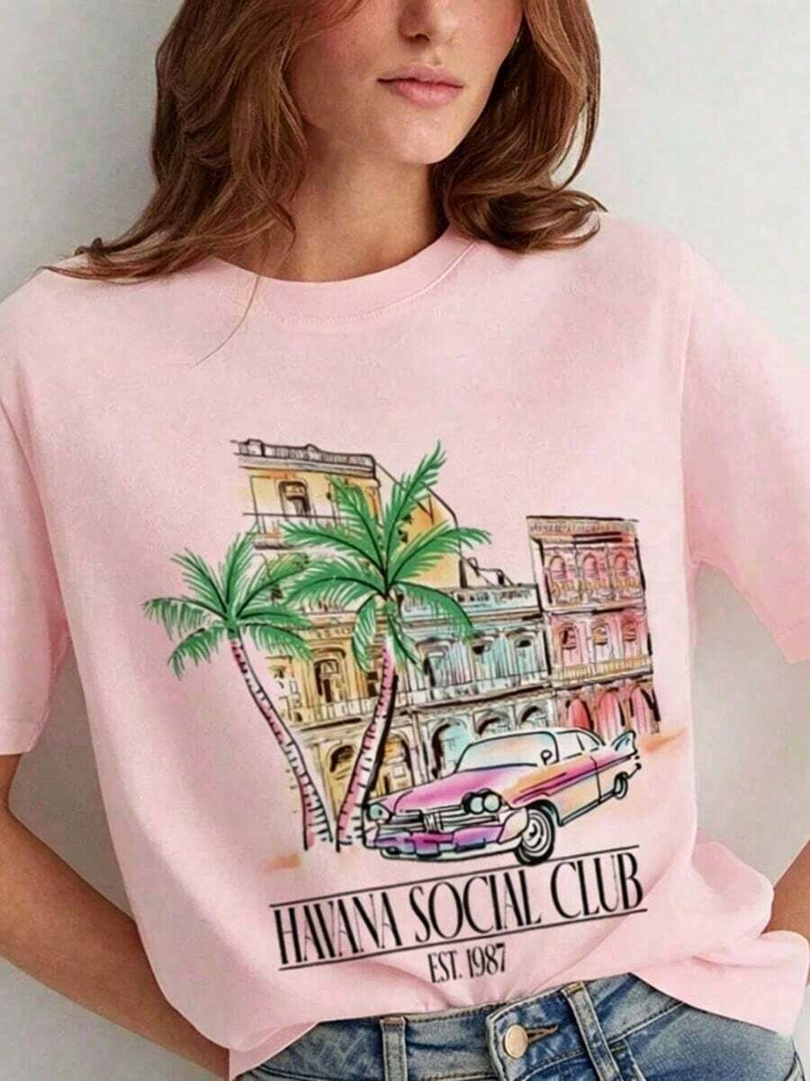 Women Havana Social Club T-Shirt Loose Short Sleeve Vintage Boho Graphic Tees Cute Aesthetic Vacation T Shirt Retro Summer Tops,Women's Graphic Round - 粉色 - 查看 1