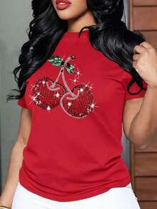 Envío gratis, entrega local enéxico, entrega en 4 días. Camiseta de manga corta con cuello redondo y estampado de cerezas, brillante y con purpurina, para mujer. - Rojo - Ver 1