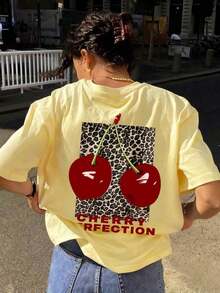 1 pieza de camiseta de verano para mujer con cuello redondo y manga corta, estampado de leopardo y diseño de cerezas, adecuada para verano, playa, calle, uso diario, trabajo, fiesta de oficina, salida, festival, festival de música, Día de San Valentín, fiesta casual, color blanco. - Amarillo - Ver 5