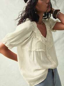 Blusa de verano de mujer con botones frontales, manga corta y volantes en color liso - Amarillo claro - Ver 5