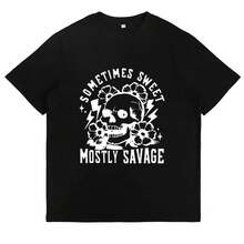 Camiseta de manga corta con cuello redondo para mujer - Algodón suave, estampado de calaveras, flores y rayos, diseño a veces dulce y a veces salvaje, top casual de verano para uso urbano, idea de regalo, manga corta. - Blanco - Ver 5
