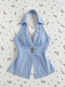 Camisa sin mangas con cuello en V rosa a rayas, encaje y parches, camisa sexy y elegante para fiestas, encanto sexy para vacaciones en la playa, festival de música Y2K primavera/verano - Azul - Ver 12