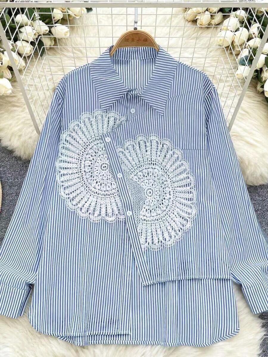 Camisa a rayas casual y versátil para uso diario de mujer - Azul - Ver 1