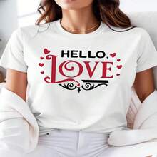 Women's White Hello Love Graphic Print Short Sleeve Cotton T-Shirt, Casual Round Neck Tee Top with Heart Accents - Blanco - Ver 1