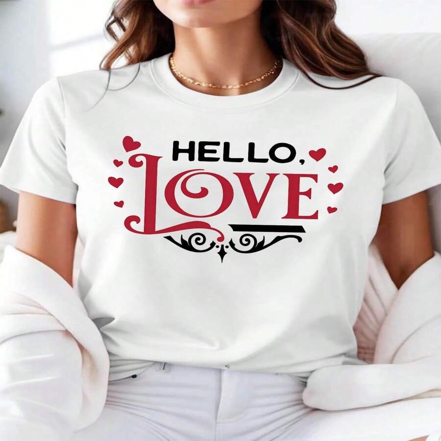 Women's White Hello Love Graphic Print Short Sleeve Cotton T-Shirt, Casual Round Neck Tee Top with Heart Accents - Blanco - Ver 1