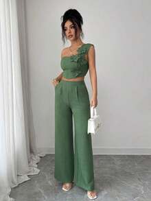Elegante conjunto de 2 piezas de top sin mangas y pantalones con decoración floral 3D para vacaciones casuales para mujeres - Verde - Ver 4