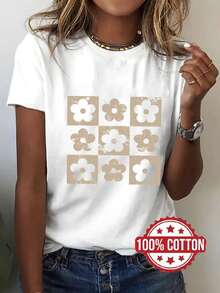 Women's T-Shirt, Beige And White With Daisy Floral Print, Short Sleeves, Fashionable Printed T-Shirt, 100% Cotton, Round Neck, Short Sleeves, Loose Fit With Dropped Shoulders, Sweat-Absorbing And Breathable, Comfortable Casual Home Wear, Suitable For Layering In Autumn And Winter, Or As An Outer Garment In Spring And Summer, Versatile Short-Sleeved Sports T-Shirt, Breathable And Sweat-Absorbing That Simplifies Daily Clothing Options. - 白色 - 查看 7