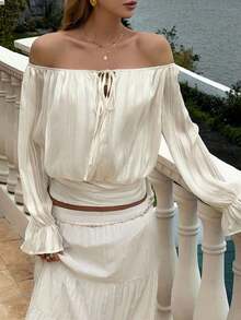 Lucivie Blusa blanca elegante y casual de hombros descubiertos para el verano - Blusa de manga larga con volantes y puños a rayas transparentes con lazo delantero, perfecta para vacaciones en la playa, fiestas y uso diario casual, conjunto elegante casual para vacaciones en la playa y eventos de noche, versátil para vacaciones de verano, fiestas y ropa de estar en casa - Albaricoque - Ver 7