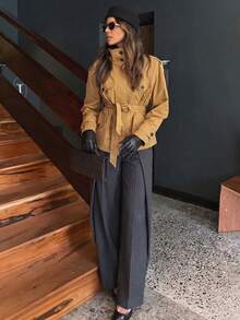 Solid Color Fabric Pleated Decor Loose Office/Vacation Pants - Grey - View 4
