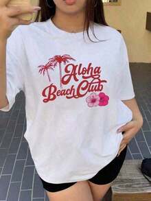 1 pieza, 2026, Talla grande - Camiseta de talla grande para mujer - Camiseta de cuello redondo con estampado de árbol tropical y Aloha - Negra con letras rojas - Camisa ligera para vacaciones de verano, ideal para la piscina y la playa - Ropa casual para fiestas hawaianas, moda para la piscina, camiseta de corte relajado, tela cómoda, sin mangas elásticas, estampado transpirable - Ajuste para todas las estaciones, ideal para amantes de la playa y momentos emocionantes de luna de miel. Camiseta de algodón puro de alta calidad con estampado minimalista, tela suave y transpirable, cómoda y holgada, adecuada para usar todo el día, adecuada para ropa casual de oficina, apariencia diaria de primavera y verano, diseño elegante y divertido. Camiseta de béisbol retro Savannah, camiseta suave vintage, camiseta unisex, regalo para fanáticos de los bananos, camCamisetas con estampado, camisetas gráficas para mujer, camisetas de verano, camisetas casuales para mujer, diseño transpirable y cómodo. - Blanco - Ver 1