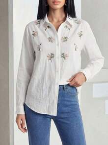 Solavon Camisa casual de mujer de manga larga con bordado floral y abotonadura sencilla - Blanco - Ver 6