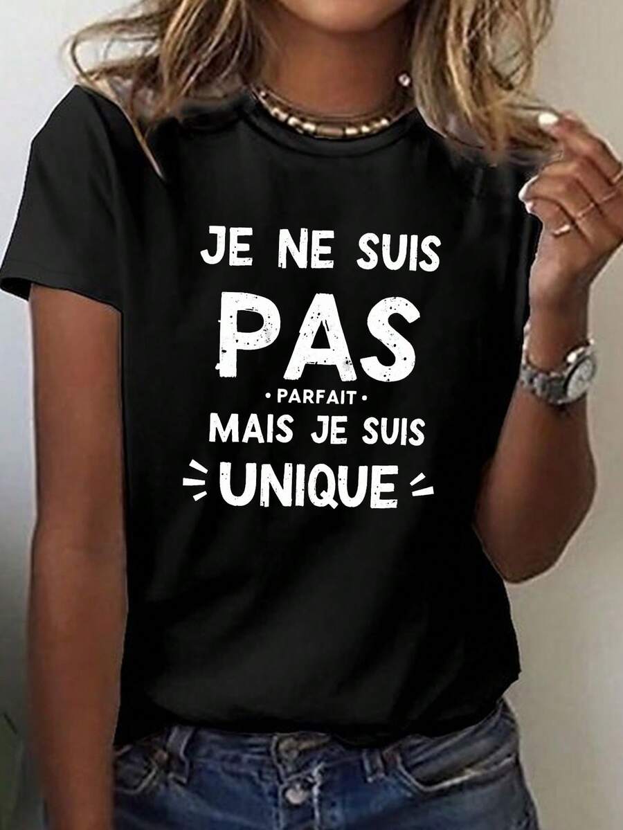 Camiseta con Estampado "No Soy Perfecta pero Soy Única", Manga Corta y Cuello Redondo, Ropa Casual para Mujer en Verano y Primavera - Negro - Ver 1