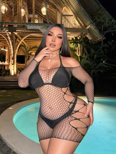 Plus Size Sexy See-Through Hollow Out Nightgown, Women's Slim-Fit Mini Dress, Off-The-Shoulder Design