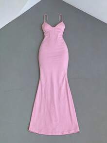 Vestido de encaje ajustado, elegante y romántico para cita nocturna, Día de San Valentín, con tirantes finos y largo, color rosa, para fiesta de verano - Rosa - Ver 5