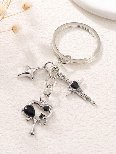 1 móc khóa hình thánh giá Gothic và trái tim đen, mặt dây chuyền phong cách punk tối màu, móc khóa túi xách/xe hơi unisex, quà tặng trang sức.