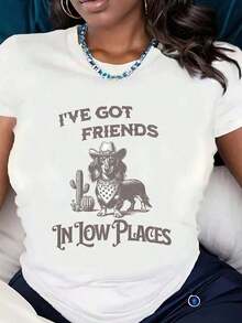 ropa de mujer Camiseta de manga corta para mujer con estampado gráfico de "GOT FRIENDS IN LOW PLACES", diseño de perro, sombrero de vaquero y cactus, ropa casual, tela cómoda, perfecta como regalo, camisas de mujer - Blanco - Ver 6