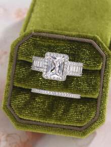 Luxury Sparkling Square Geometric Cubic Zirconia 2 Pieces Ring Set, Jewelry Gift For Men & Women - White - View 2