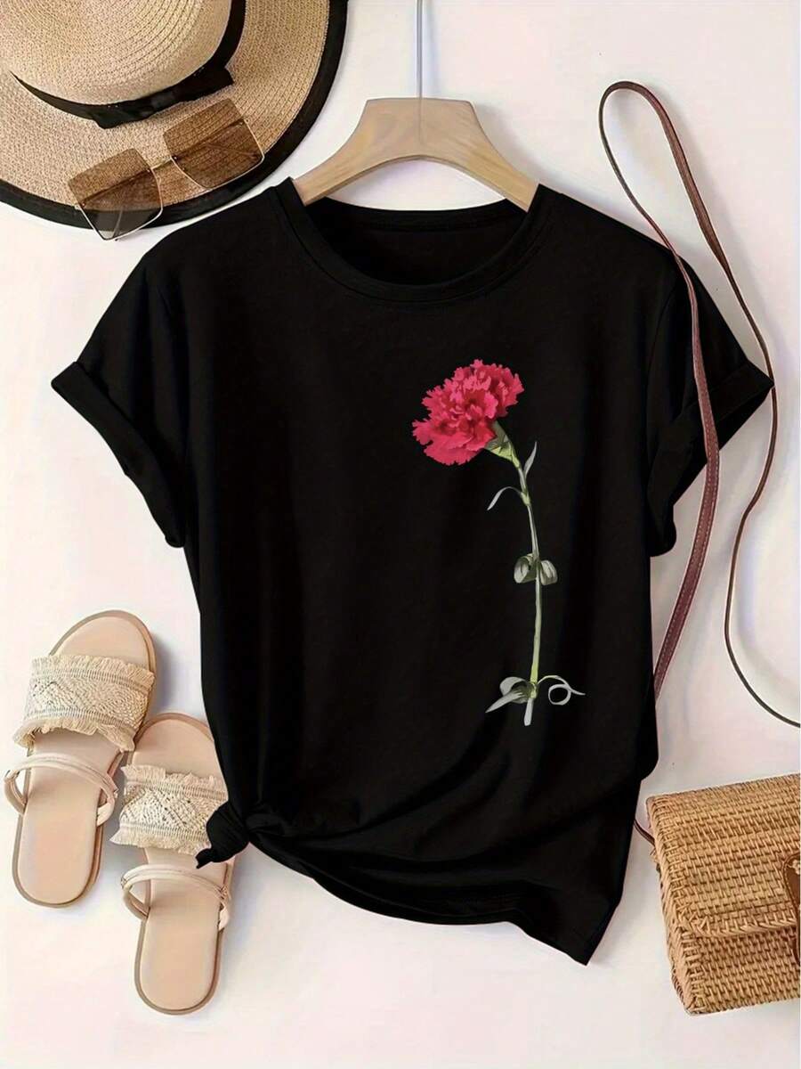 Camiseta de mujer con estampado floral, moda europea y americana, cuello redondo, manga corta, jersey deportivo para mujer. - Negro - Ver 1