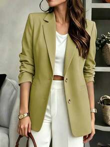 Women's Elegant Long Sleeve Collared Button Detail Pocket Polyester Regular Jacket - Olive Green - View 2