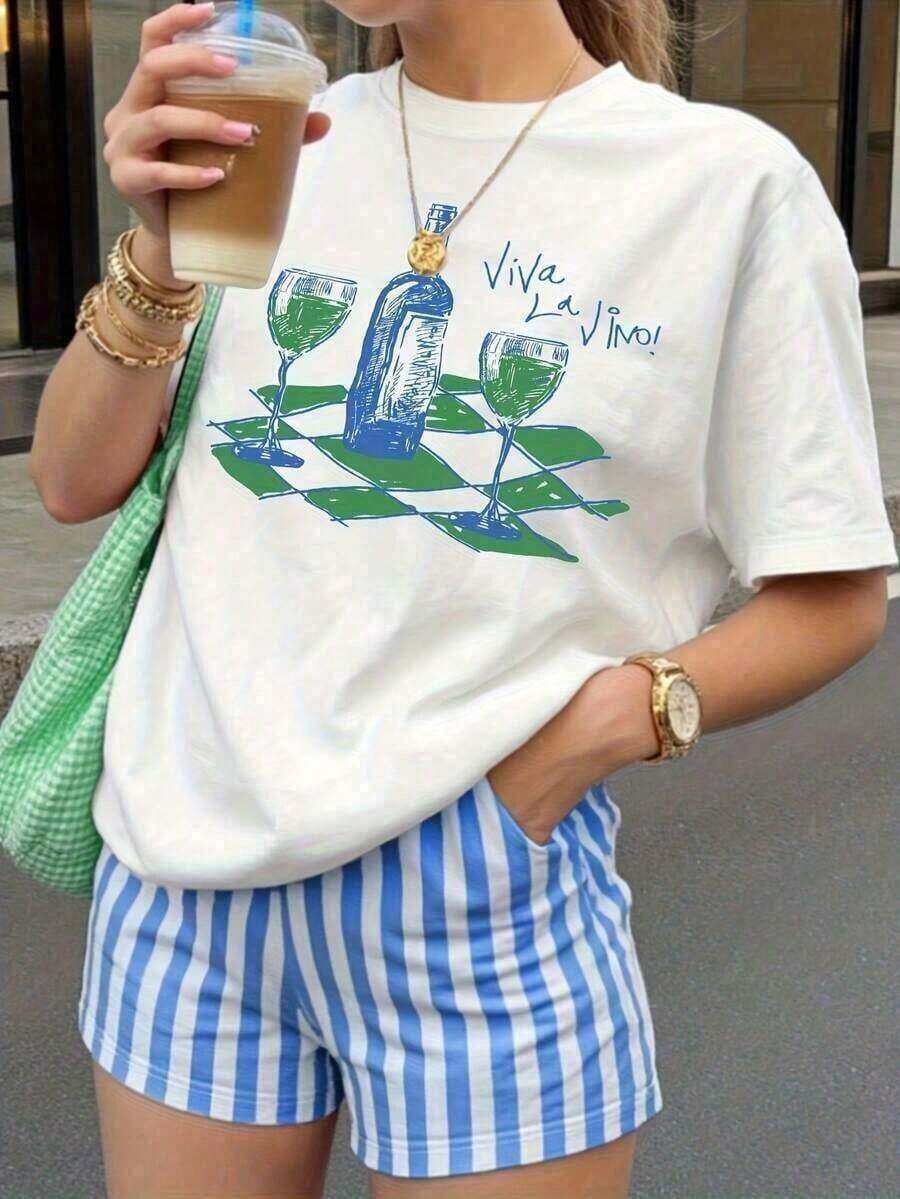 Women's Summer Casual Clothes, Short Sleeve, 1 Piece, 2026, 1 Piece For Women, Casual, Short Sleeve, Round Neck T-Shirt - Cartoon Pattern, Print, Loose Fit, Off Shoulders, Medium, Stretch, Washable, Spring/Summer, Weekend Style, Soft Texture, Exclusive, Fashion, Summer Enthusiasts, Tops, Simple, Graphic Print Tee, Casual, Mother's Day Gift - 白色 - 查看 1