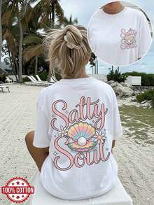 Camiseta Casual de Verano para Mujer, Estilo Dulce, con Estampado de Concha, Perla, Flor y Salty Soul, Manga Corta, Cuello Redondo, Algodón Puro, Corte Holgado con Hombros Caídos - Blanco - Ver 1