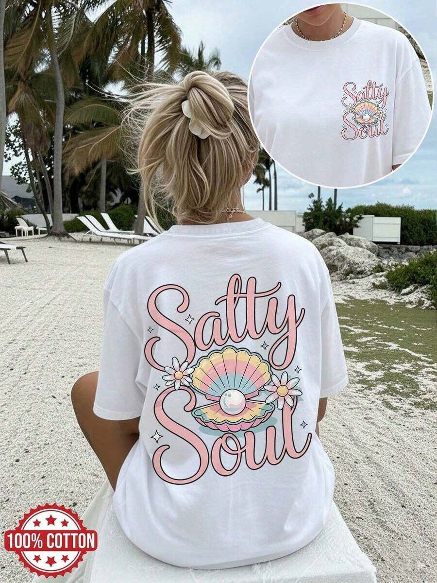 Camiseta Casual de Verano para Mujer, Estilo Dulce, con Estampado de Concha, Perla, Flor y Salty Soul, Manga Corta, Cuello Redondo, Algodón Puro, Corte Holgado con Hombros Caídos - Blanco - Ver 1