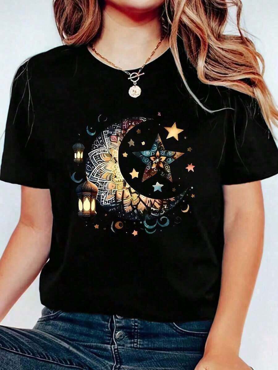 Camiseta casual de mujer con cuello redondo y estampado gráfico de copa de margarita, hoja de limón y letra, estilo Tequila Cocktail, suelta para primavera/verano, playeras de mujer - Negro - Ver 1