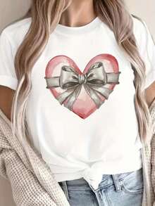 Camiseta de cuello redondo con estampado de corazón y lazo, camiseta casual de manga corta para primavera/verano, ropa de mujer. EGOH - Blanco - Ver 6