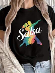 Camiseta Gráfica de Salsa para Mujer - Estampado Geométrico Vibrante, Manga Corta, Cuello Redondo, Camiseta Casual de Elasticidad Media para Verano y Primavera, Lavable a Máquina, Ropa para Entusiastas del Baile, Camiseta con Motivo de Baile, Camiseta de Ajuste Cómodo - Negro - Ver 1