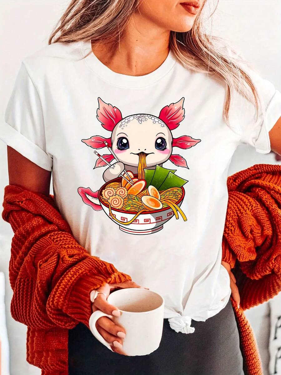 Adorable Kawaii Ramen Lover T-Shirt With  Letter Print, Short Sleeves And Round Neck, Casual Top For Summer And Spring, Women's Clothing - [白色的] - 查看 1