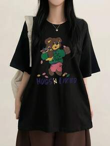 Camiseta de Manga Corta con Estampado de Oso de Dibujos Animados Y2K para Mujer, Nueva Moda de Verano, Cuello Redondo Holgado y Versátil, Top Y2K - Negro - Ver 1