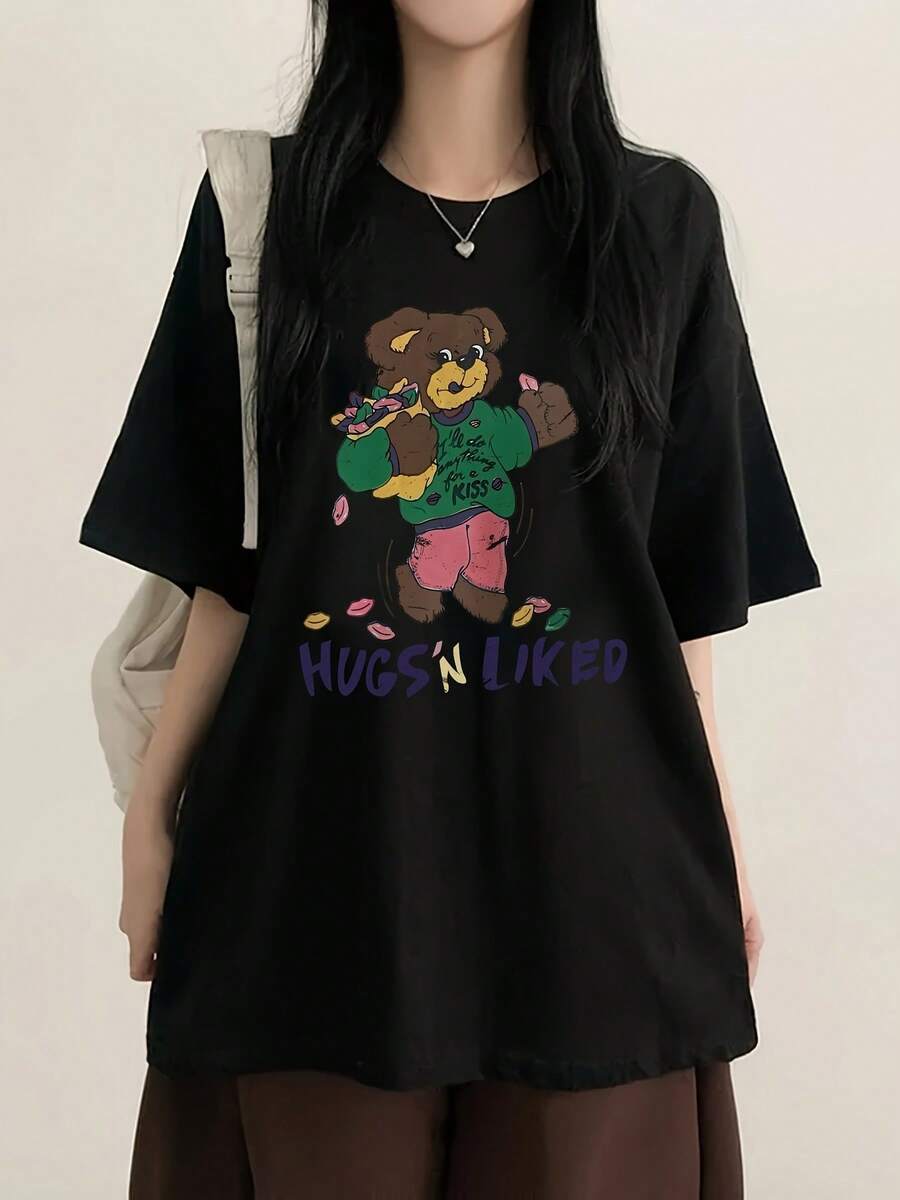 Camiseta de Manga Corta con Estampado de Oso de Dibujos Animados Y2K para Mujer, Nueva Moda de Verano, Cuello Redondo Holgado y Versátil, Top Y2K - Negro - Ver 1