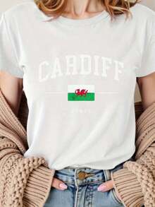 Women'S Casual Cardiff Graphic T-Shirt - Black Short Sleeve Crewneck With Welsh Flag & Cymru Print, Soft Polyester Blend, Summer Streetwear, Ladies T Shirtsplayeras de mujer - Blanco - Ver 5