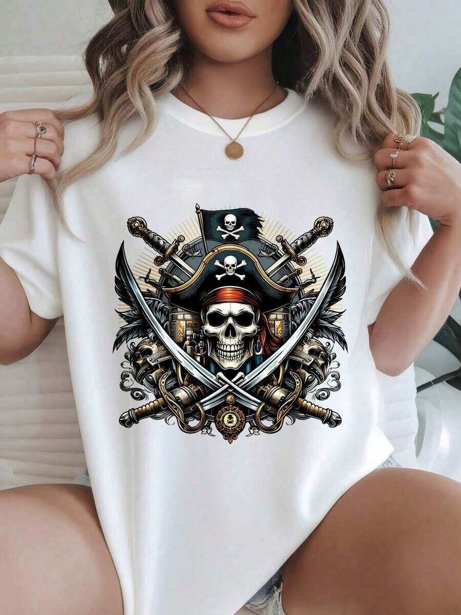 ropa de mujer Camiseta Casual con Estampado de Calaveras Piratas, Espadas, Barco y Bandera, Adecuada para Todas las Temporadas
- camisas de mujer - Blanco - Ver 1