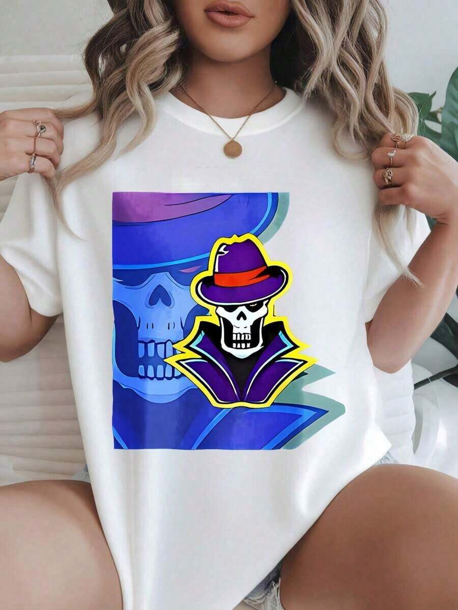 ropa de mujer Skull In Hat And Cape Design Women's Fashionable Print Casual T-Shirt Suitable For All Seasons
-White camisas de mujer - Blanco - Ver 1