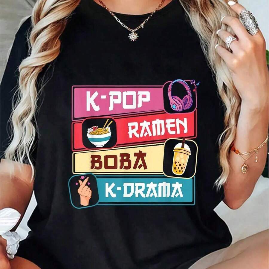 Camiseta de moda para mujer con temas de , ramen, boba y drámas coreanos adorables, perfecta para el verano y disponible en tallas grandes. - Negro - Ver 1