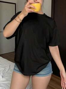 Mujer Camiseta informal de manga corta, de color liso, apta para uso diario durante todo el año. - Negro - Ver 1