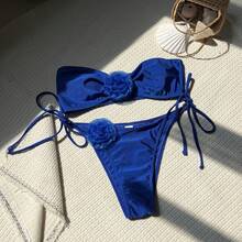 Nuevo bikini de dos piezas sin tirantes, de color sólido y con estampado floral brillante. - Negro - Ver 5