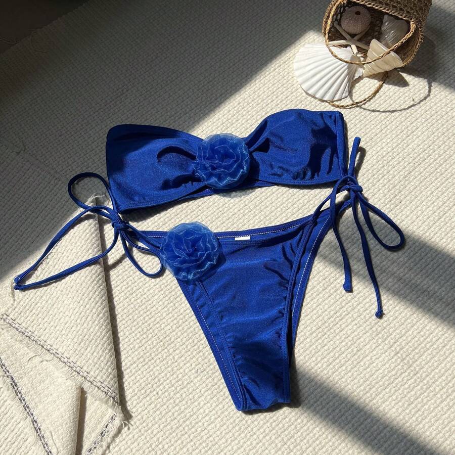 Nuevo bikini de dos piezas sin tirantes, de color sólido y con estampado floral brillante. - Azul - Ver 1
