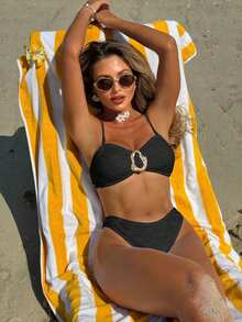 Nuevo conjunto de bikini de dos piezas para mujer, de color sólido, moderno y sexy. - 9324 Bikini negro - Ver 1