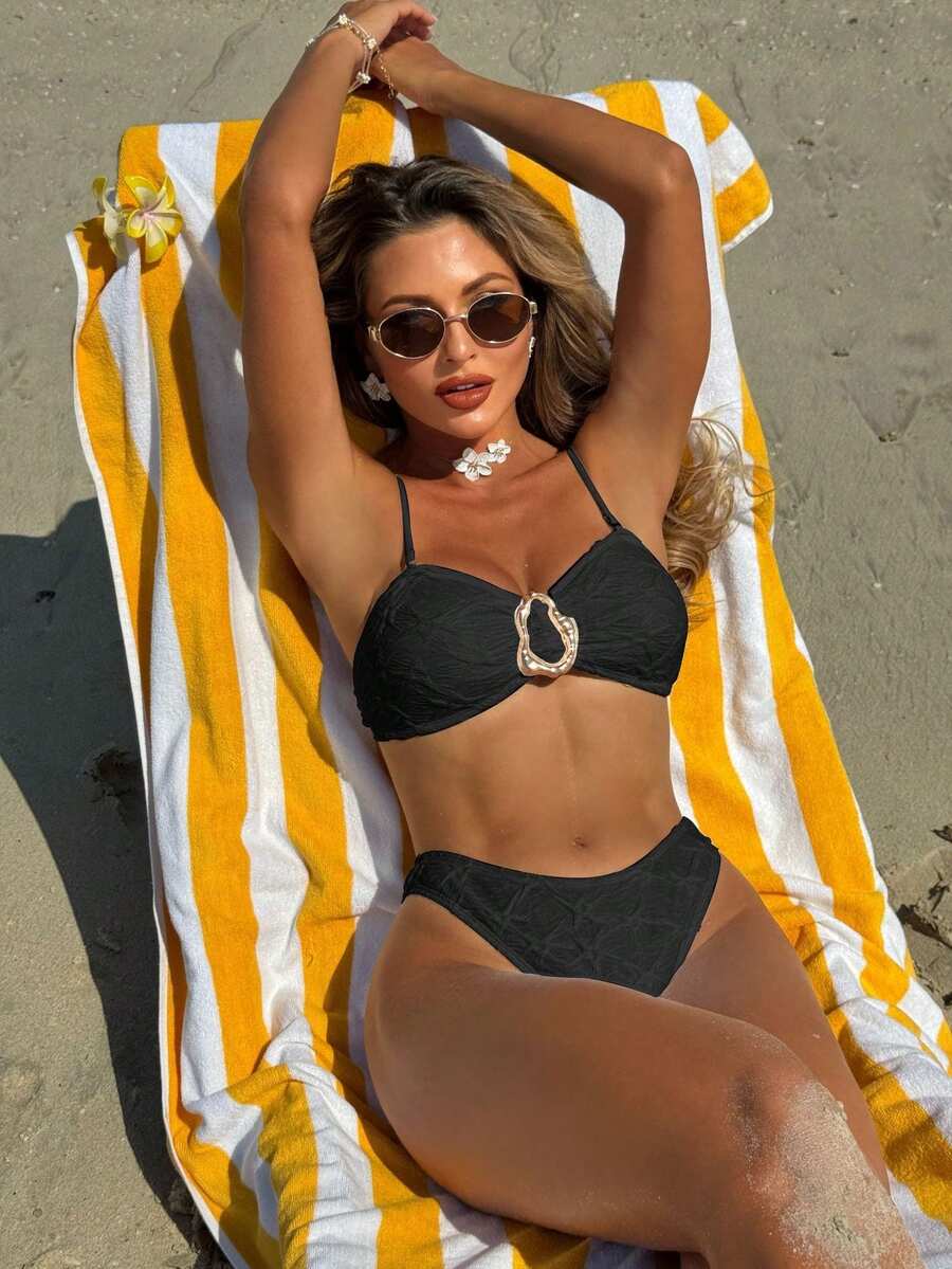 Nuevo conjunto de bikini de dos piezas para mujer, de color sólido, moderno y sexy. - 9324 Bikini negro - Ver 1