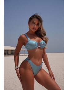 Traje de Baño Bikini de Dos Piezas Sexy y a la Moda para Mujer 2026, Traje de Baño Brillante de Color Sólido - 9351 Bikini negro - Ver 8
