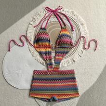 Traje de baño bohemio de una pieza estilo bóxer para vacaciones en la playa 2026 - Z26014 Rojo Rosado - Ver 8