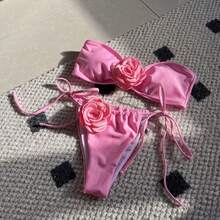 Nuevo bikini de color sólido rosa sin tirantes con cordón ajustable bikini9150 - Rojo sandía - Ver 7