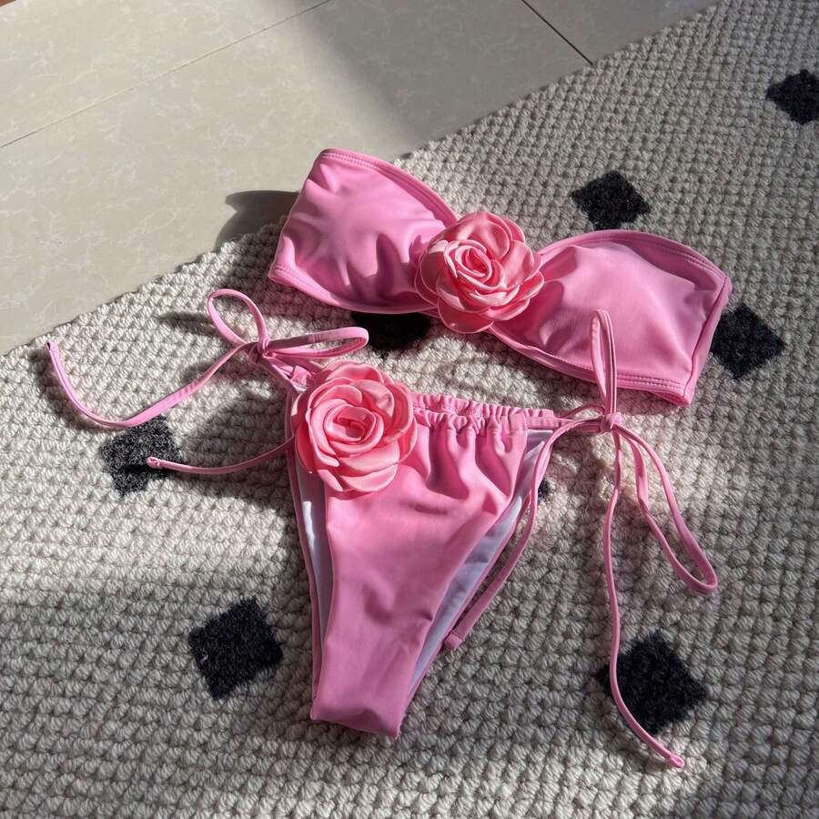 Nuevo bikini de color sólido rosa sin tirantes con cordón ajustable bikini9150 - rosa - Ver 1