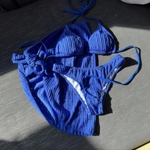 New 3-Piece Swimsuit Set - Backless Bikini With Adjustable Ties - Blue - View 12