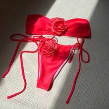 Nuevo bikini de color sólido rosa sin tirantes con cordón ajustable bikini9150 - Rojo sandía - Ver 12