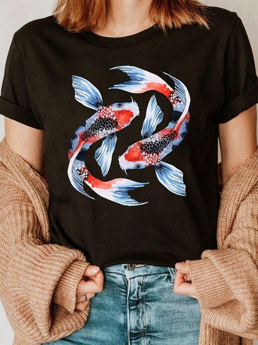 Camiseta de manga corta de talla grande para mujer, de color sólido, cuello redondo, de poliéster, corte holgado, estilo casual - Camiseta con estampado de carpas koi y flores de cerezo al estilo japonés - Camiseta casual de manga corta con estampado de carpas koi y peces dorados, ropa de estilo japonés para primavera/verano, transpirable y cómoda. - Negro - Ver 1