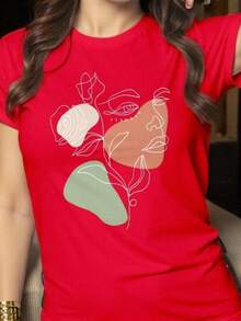 Playera básica mujer dama cuello redondo manga corta estampado CARA FLORES casual algodón2026 - Rojo - Ver 6