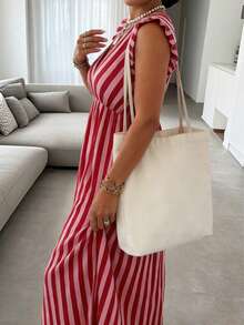 Get Rich A New Spring/Summer Series Women's Vacation Dress, Elegant Women's Dress, Pink Vertical Striped Sleeveless Maxi Dress With Ruffle Hem, Tie-Back Deep V-Neck Design, Contrast Striped Waist, Beach Vacation, Date, Party, Retro Y2K Romantic - Pink - View 9